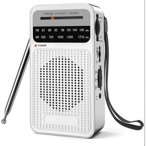Radio op batterijen - Draagbare radio AM/FM - met langeafstandsontvangst - transistorradio met luidspreker, hoofdtelefoonaansluiting - werkt op 2 AA-batterijen - voor binnen, buiten en noodgebruik - zilver
