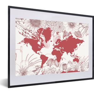 Fotolijst incl. Poster - Wereldkaart - Roze - Wit - 60x40 cm - Posterlijst