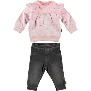 BESS - kledingset - 2delig - Broek Jegging Jogdenim grijs - Sweater roze met zwanen - Maat 56
