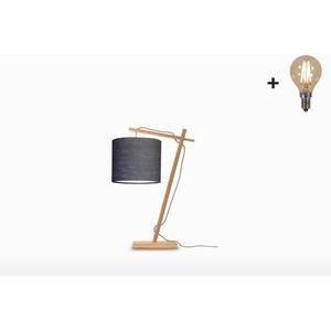 Tafellamp – ANDES – Naturel Bamboe - Donkergrijs Linnen - Met LED-lamp