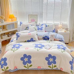 bloemenbeddengoed, wit, voor meisjes en dames, blauw, bloemenpatroon, dekbedovertrek, eenpersoonsbed, microvezel, met kussensloop 80 x 80 cm