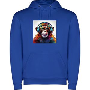 Kobalt Blauwe unisex hoodie met “ Kleurrijke Chimpansee met Bril en Koptelefoon“ Print Full merk Roly maat 128 7/8 jaar