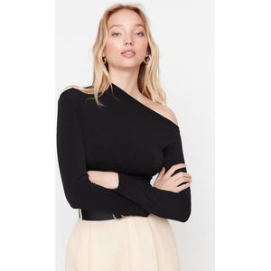 Trendyol Zwarte Slanke Elastische Gebreide Bodysuit Met Drukknoop, Asymmetrische Kraag Twoaw22Bd0178
