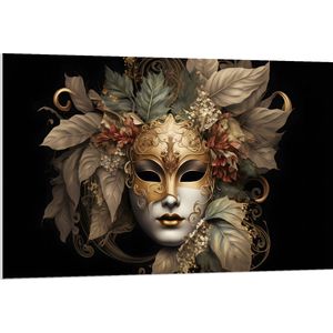 PVC Schuimplaat- Venetiaanse carnavals Masker met Gouden en Beige Details tegen Zwarte Achtergrond - 120x80 cm Foto op PVC Schuimplaat