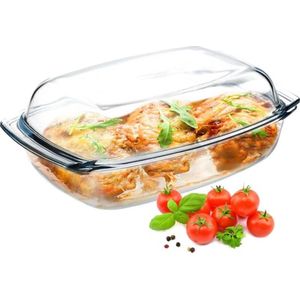 Ovenschaal van hittebestendig glas, vuurvaste pot, glazen braadpan met deksel en handgrepen, servies voor braden, oven, elektrisch fornuis, voor lasagne, vlees, transparant (rechthoekig, 4,1 liter)