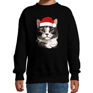 Bellatio Decorations Kersttrui / sweater kat/poes - kinderen - grijze kat/poes - zwart - kerstmuts - Kerstmis 98/104