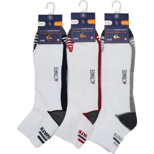 Heren shortsocks padded sportsokken - mannen kousen maat 43/46 - 6 paar witte sportkousen met accent van zwart-rood-grijs- met sponszool