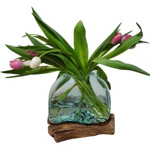 Glas op stronk - ovaal - bloemenvaas - 20x11 cm - Bij Mies