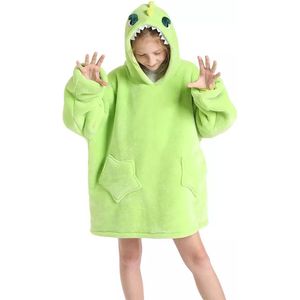 Fleece Hoodie Deken – Deken met Mouwen - Kinderen - Unisex - 7-13 Jaar - Groene Dino