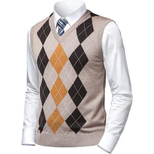 Heren Argyle Mouwloze V-hals Trui - Grijs Zwart Knitwear voor Mannen