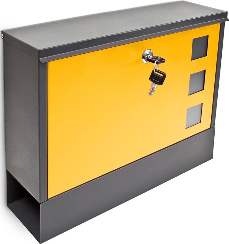 Relaxdays brievenbus met krantenrol - metaal - met slot - 30 x 36 x 10 cm - muur - zwart-geel