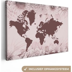 Canvas Wereldkaart - 90x60 - Wanddecoratie Wereldkaart - Bloemen - Paars