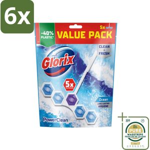 Glorix - Power Clean - Toiletblok - Ocean - Hersluitbare Verpakking - 5 Blokken - Voordeelverpakking - 6 stuks - Toilet reiniging - Kalk verwijderaar