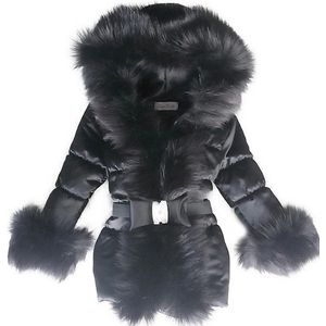 BamBella® Winterjas zwart - Maat 146 - Luxe Bontkraag jas Imitatiebont jas kind zwart kinderjas jasje met grote bontkraag
