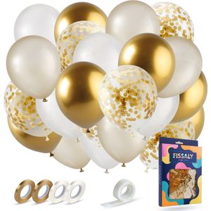 Fissaly 40 stuks Goud & Wit Helium Ballonnen met Lint – Verjaardag Versiering Decoratie – Papieren Confetti – Latex