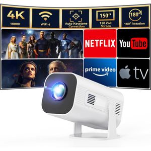 Miniprojector - 220ANSI - Ondersteuning 4K (Full HD) - 1280P - 180° draaibaar - Android 11 - Automatische horizontale correctie - Draagbare projector - Geschikt voor tv-stick/laptop/binnen en buiten