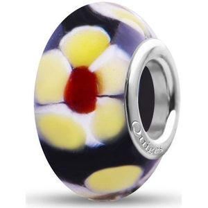 Quiges - Glazen - Kraal - Bedels - Beads Zwart met Gele Bloemen met Rode Kern Past op alle bekende merken armband NG876