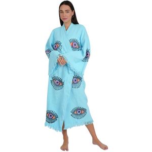 Kimono dames - 100% biologisch katoen - sauna badjas - zomer badjas - absorberend - handgemaakt - aquablauw