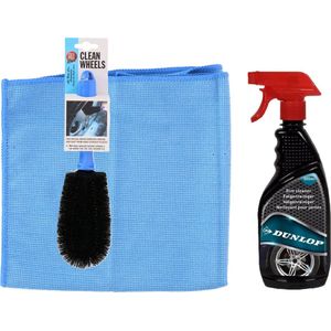 Dunlop auto velgen schoonmaken setje - borstel/schoonmaak spray/microvezeldoek - velgenreiniger pakket - auto en fiets