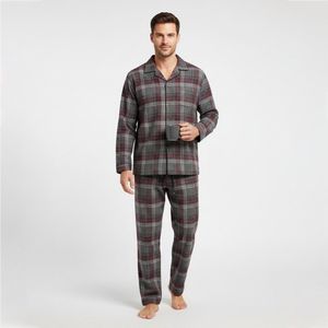 La V Flanel pyjamaset voor heren met geruit patroon Grijs - bordeaux rood S