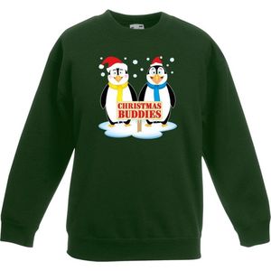 Groene kersttrui met 2 pinguin vriendjes voor jongens en meisjes - Kerstruien kind 98/104