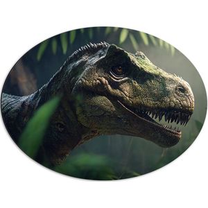 Dibond Ovaal - Dinosaurus - Bos - Groen - 68x51 cm Foto op Ovaal (Met Ophangsysteem)