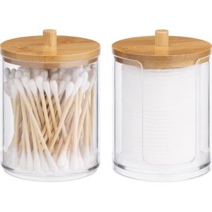 Navaris 2x wattenschijfjeshouder met deksel - Houder voor watten, wattenstaafjes of sieraden - Deksel van bamboe - 7 x 10 cm met praktische opening
