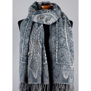Wollen geborduurde sjaal en omslagdoek Grijs-Paisley