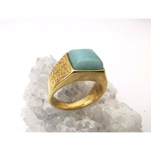 RVS Edelsteen groene Calciet goudkleurig Griekse design Ring. Maat 23. Vierkant ringen met beschermsteen. geweldige ring zelf te dragen of iemand cadeau te geven.