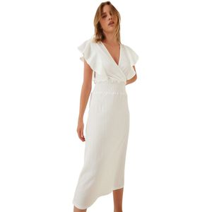 Happinessistanbul Oranje Gebreide Damesjurk Met Volantstructuur Ci00025