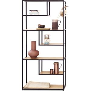 LIFA LIVING Open Wandkast - Opbergkast - Boekenkast - Industrieel - Zwart - Hout & Metaal - 82 x 34 x 175 cm