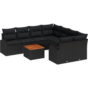 vidaXL - 9-delige - Tuin - Sofa - Set - met - Kussens - Zwart - Poly - Rattan - Acacia
