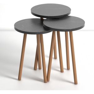 Bijzettafel Naelle set van 3 - zwart marmer design - hout - salontafel - koffietafel