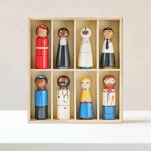 Poppenhuispopjes - Houten Figuren - 8 Stuks - Diverse Beroepen - Massief Hout