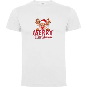 Wit T-Shirt met “Kleurrijke Grappig Rendier met Rode neus en Merry Christmas “ Print Full Color maat 104 / 3/4 jaar