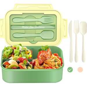 ANDIMEI Broodtrommel voor kinderen met vakken, 1300 ml, lunchbox voor volwassenen met 3 onderverdelingen, BPA-vrije Bento Box met lepel, mes en vork, bestek, lekvrije snackbox, magnetrons en vaatwassers