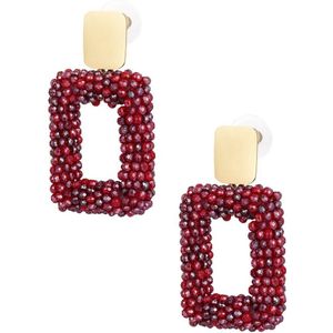 Dames oorbellen - Glazen kralen - Donker rood - rectangle earrings with glass beads - red