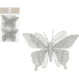 House of Seasons kerstboomversiering vlinders op clip - 2x st - zilver - 16 cm