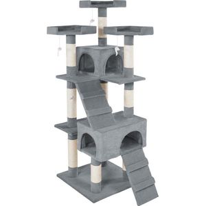 Dreamble - Kattenkrabpaal - Grijs – 171 cm - 4 Niveau's - met 2 trappen, 1 groot huis, 1 klein huis, 1 extra vrij plateau, 3 speeltouwtjes en 3 uitkijkplatformen