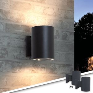 Solar wandlamp buiten 'Sverre' rond - Voordeelset van 2 stuks - 2 lichtstanden - Up down light - Warm wit licht - Tuinverlichting op zonne-energie geschikt voor schutting - Zwart