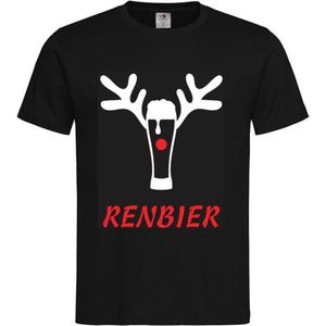 T-shirt Unisex Volwassenen Fout Foute Kerst Kerstmis Bier Man Grappig Tekst ""Renbier"" met gewei Rendier Op Voorkant | korte mouw | Zwart/Wit/Rood | maat S