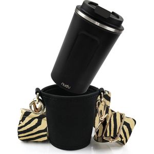 Cupholder to Go Set - bekerhouder en thermobeker om om te hangen - bekerhouder met verstelbare schouderriem - in zwart - beige