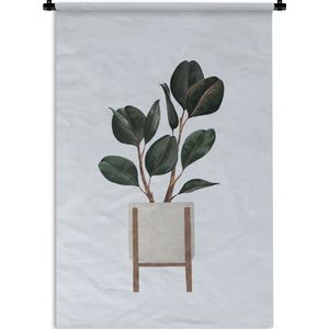 Wandkleed PlantenKerst illustraties - Illustratie van een plant met donkere ovalen bladeren op een lichtblauwe achtergrond Wandkleed katoen 60x90 cm - Wandtapijt met foto