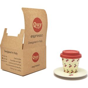 Quy Cup - 90ml Ecologische Reis Beker - Espressobeker “Ciliegia” met schotel en Rode Siliconen deksel Set 1 Espresso Cup with Dish