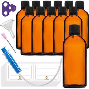 Amber Glass Bottles 100ml - 12pcs Small Bottle Pharmacist Glass - Brown Glass with Black Dropper Cap - Set of 30 Accessories
