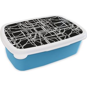 Broodtrommel Blauw - Lunchbox - Brooddoos - Netwerk - Patronen - Zwart Wit - Computer - 18x12x6 cm - Kinderen - Jongen