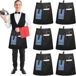 6 stuks zwarte schorten - keukenschort, kelnerschort met 3 zakken, tailleschort - waterdicht voorbindschort voor koken, restaurant, bar, café, schilderen, tuinieren (86x55cm)