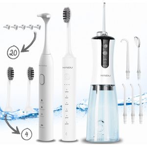 HAIDU Elektrische Tongschraper + Pro Flow Waterflosser + Elektrische Tandenborstel – Mondverzorging – Flosdraad – Tongue Scraper – Wit