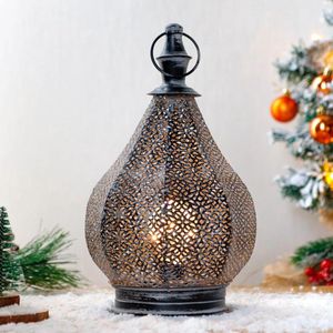 Metalen Tafellamp in Marokkaanse Stijl - 29cm Hoog - Batterij Aangedreven - Draadloze Lamp met LED Edison Lamp - Voor Thuis Woonkamer Tuin Yard Patio Feesten - Binnen Buiten - Zwart .