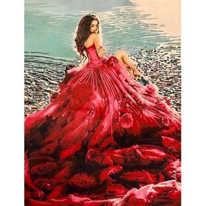 JDBOS ® Schilderen op nummer Volwassenen - Vrouw met rode rozen jurk - Verven volwassenen - 40x50 cm